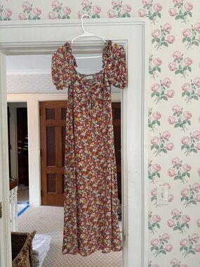 Faithfull the Brand Red Floral Puff-Sleeve Maxi Dress